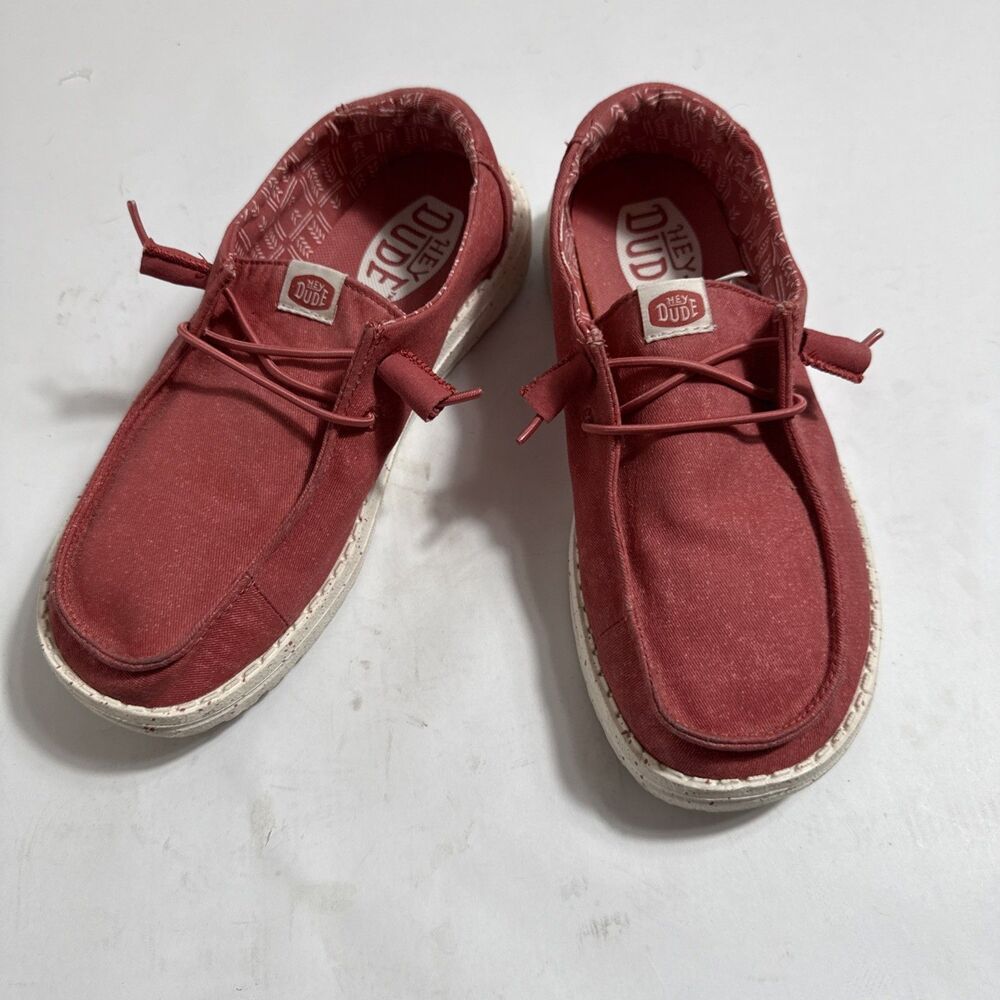 Hey Dude Washed Red Shoes Womens 7 Stretch Canvas Rubber Sole Slip On